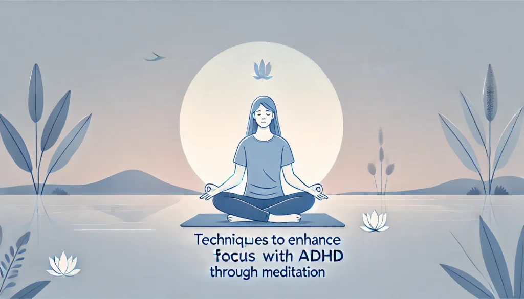 A person practicing mindfulness meditation in a peaceful environment, sitting cross-legged on a mat with eyes closed. This image represents how meditation can enhance focus with ADHD.