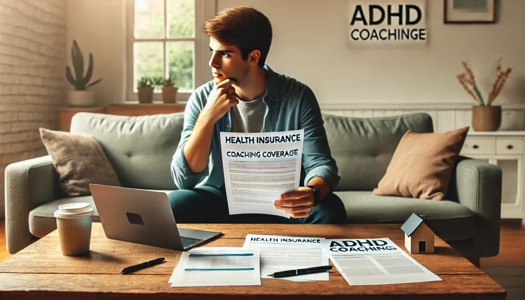 A person reviewing health insurance documents related to ADHD coaching coverage at home, thoughtfully considering their options with papers and a laptop on a coffee table.