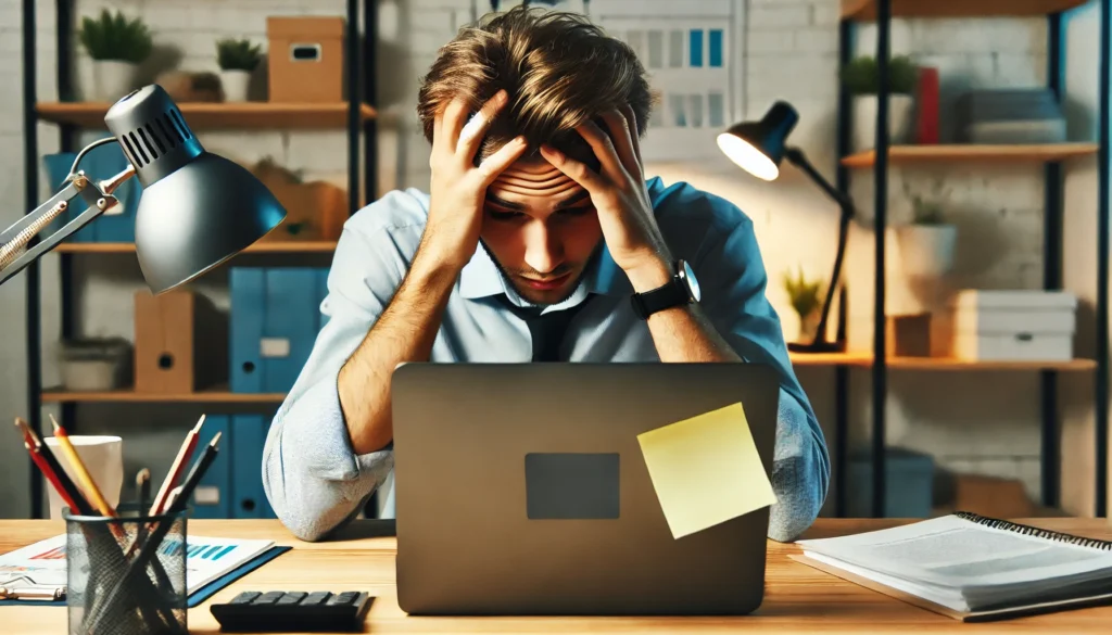 A person with ADHD experiencing dizziness while working at a desk, holding their head in one hand while looking at a laptop screen. The workspace is modern, with a few ADHD-related reminders like a sticky note with a to-do list.