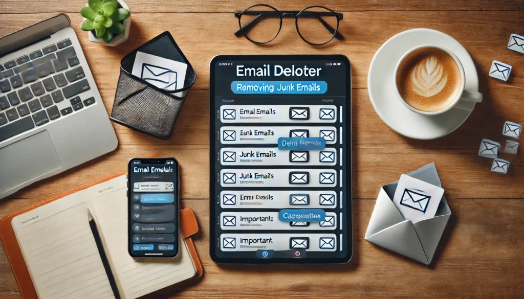 An overhead view of a tablet and smartphone both displaying an email deleter app in action. The screens show an automated system removing junk emails and categorizing important messages. A coffee cup, notebook, and glasses on a stylish wooden desk create a modern and productive workspace.