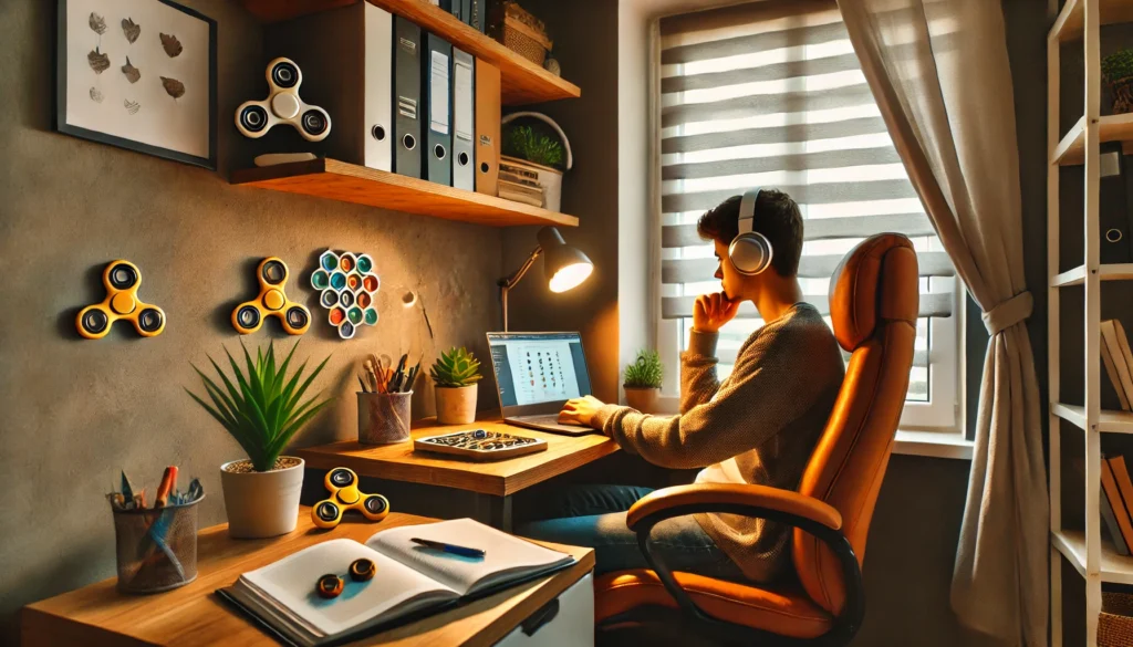 "A cozy and distraction-free study nook where a person with ADHD is working efficiently. The space features a comfortable chair, warm lighting, minimal clutter, and focus-enhancing elements such as a fidget tool, noise-canceling headphones, and a small plant for relaxation."