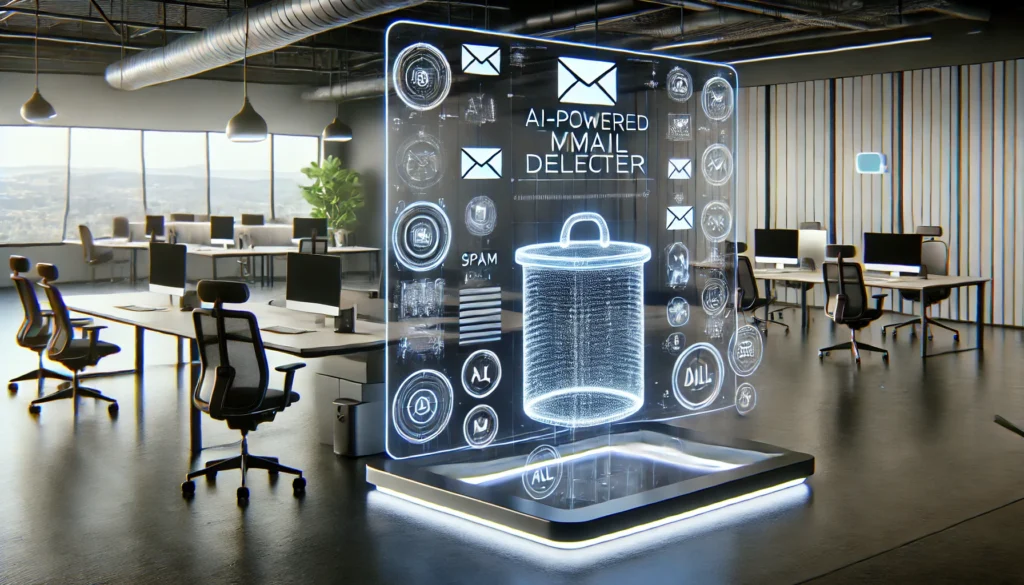 "A futuristic AI-powered email deleter interface displayed on a transparent screen in a sleek, modern office. The screen visually represents the automatic sorting and deletion of spam emails with floating digital elements indicating real-time cleanup. The minimalist workspace includes ergonomic office furniture, a smart speaker, and ambient lighting designed to enhance productivity."