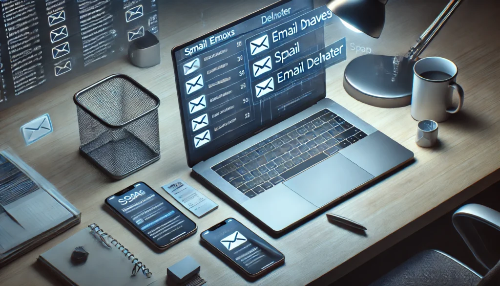 "An overhead view of a modern workspace featuring a laptop and smartphone, both displaying an AI-powered email deleter interface. The screens show spam emails being removed in real time, ensuring a clean inbox. The workspace includes a sleek desk, a notepad, and a stylish pen, all arranged neatly. Soft ambient lighting enhances the organized and efficient atmosphere."