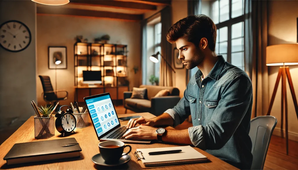 A focused remote worker in a stylish home office, sitting at a desk with a laptop displaying a time management app. The well-organized space features a tidy bookshelf, ambient lighting, and minimal distractions, fostering productivity.