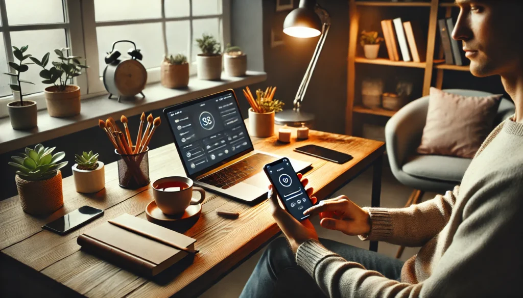 A cozy home office with a person using a focus-enhancing app on their phone while working on a laptop. The distraction-free workspace features a clean desk, a comfortable chair, a small potted plant, and a warm cup of tea, illuminated by soft, natural lighting.