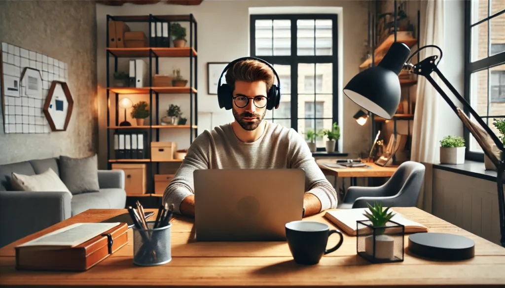 A cozy yet professional home office environment with a remote worker wearing noise-canceling wireless headphones. The worker is seated at a wooden desk with a laptop, surrounded by productivity-enhancing elements like a cup of coffee, a neatly organized workspace, and natural lighting. The background features a bookshelf with neatly arranged books and plants.