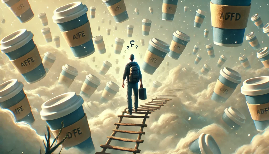 A surreal scene of a person with ADHD navigating a dreamlike landscape filled with floating coffee cups, looking fatigued and confused.

ALT Text: "Dreamlike image of a tired ADHD individual surrounded by floating coffee cups, symbolizing caffeine-induced sleepiness."