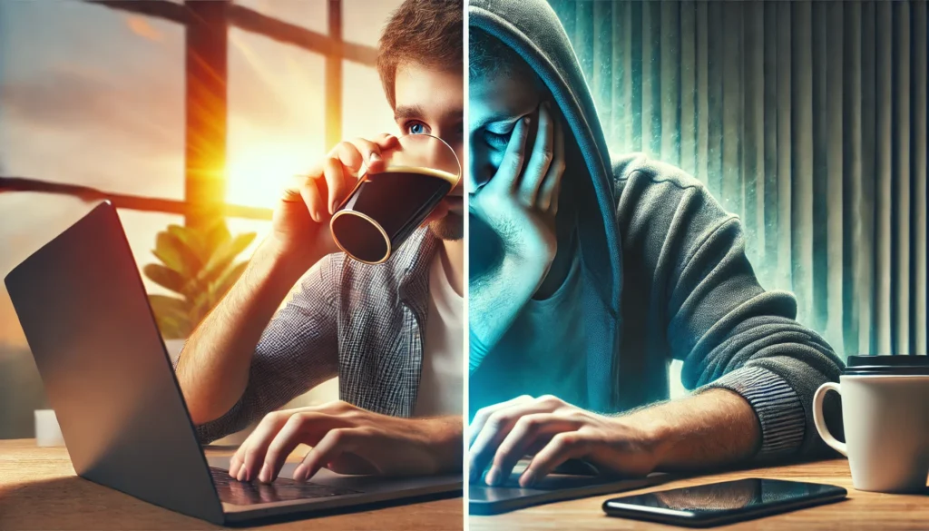 A split-screen comparison of two individuals with ADHD after caffeine consumption—one alert and focused, the other drowsy.

ALT Text: "Split-screen contrast of ADHD individuals reacting differently to caffeine—one energized, the other sleepy."