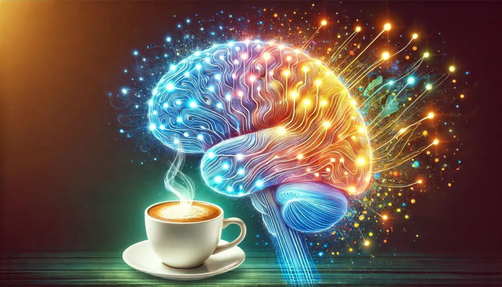 An artistic representation of a human brain with neurotransmitters depicted as glowing pathways, subtly influenced by a cup of coffee.

ALT Text: "Visualization of caffeine's effect on ADHD neurotransmitters, showing a glowing brain with coffee influence."