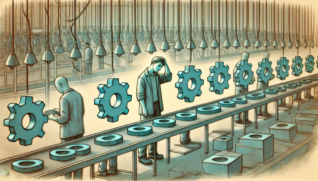 A person with ADHD struggling to stay engaged on an assembly line, appearing distracted in a repetitive, monotonous work setting.

ALT Text: "ADHD worker struggling with repetitive assembly line tasks, emphasizing the difficulties of monotonous jobs."