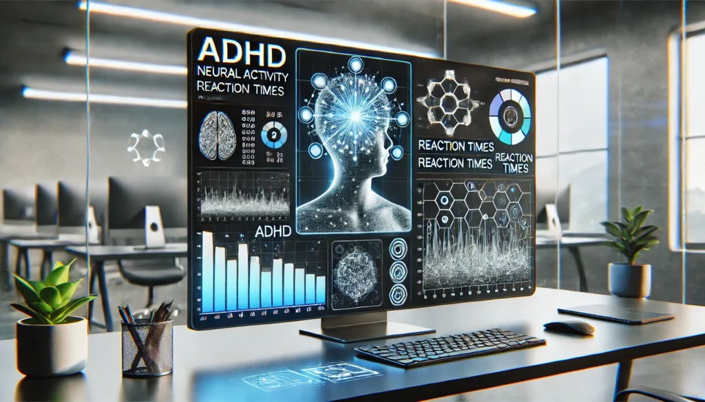 A futuristic AI-powered ADHD diagnostic tool analyzing data on a virtual screen, symbolizing the advancement of digital ADHD assessments.

ALT Text: "Futuristic AI-driven ADHD test interface analyzing brain activity and behavioral patterns."