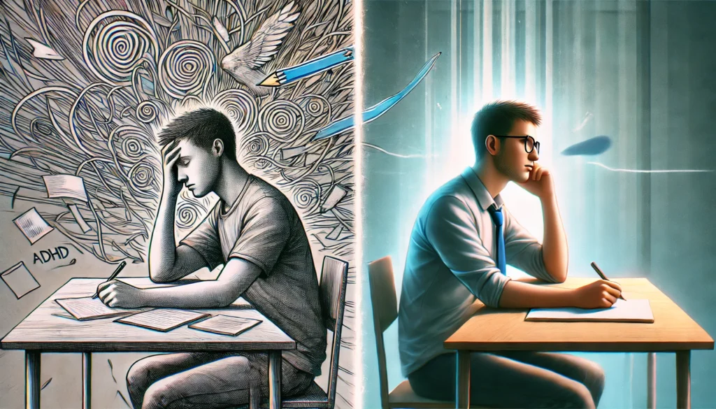 A side-by-side comparison of an individual before and after ADHD testing—struggling with focus on the left, and appearing confident and relieved on the right.

ALT Text: "Comparison of an individual before and after ADHD diagnosis, symbolizing clarity and relief after testing."