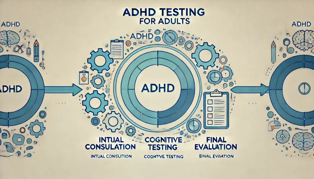 A visual representation of the ADHD testing timeline, illustrating different phases of the process: consultation, cognitive testing, and final evaluation.

ALT Text: "Illustration of the ADHD testing timeline for adults, showing key phases from consultation to diagnosis."