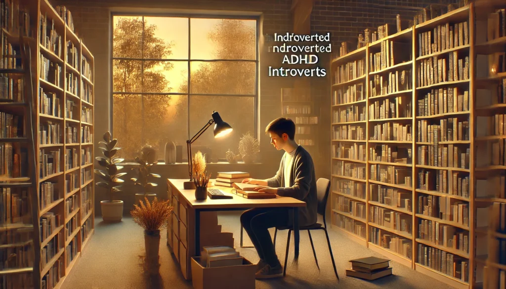 A librarian with ADHD organizing bookshelves in a serene library setting, enjoying the structured and peaceful environment.

ALT Text: "ADHD introvert working as a librarian, organizing books in a quiet and structured library atmosphere."