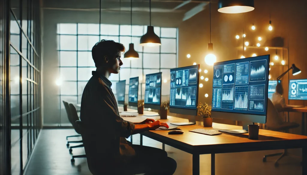 A data analyst with ADHD working in a quiet, modern office, analyzing charts on multiple screens, illuminated by a soft monitor glow.

ALT Text: "ADHD introvert thriving as a data analyst in a quiet workspace, analyzing complex information."