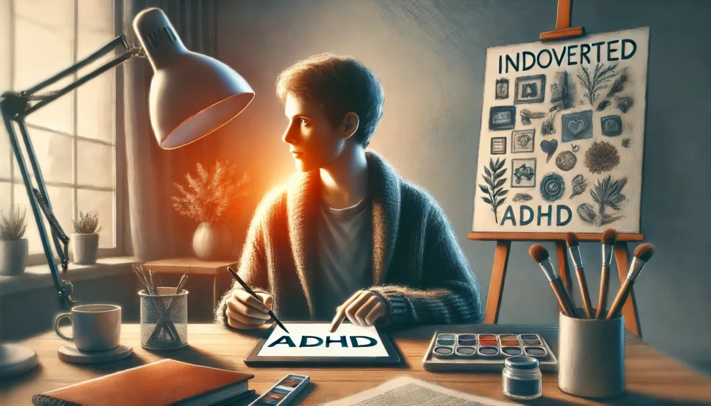 An artistic depiction of a creative ADHD introvert sketching on a tablet or writing in a notebook, immersed in their work.

ALT Text: "Creative ADHD introvert working as a writer or graphic designer in a calm and personalized workspace."