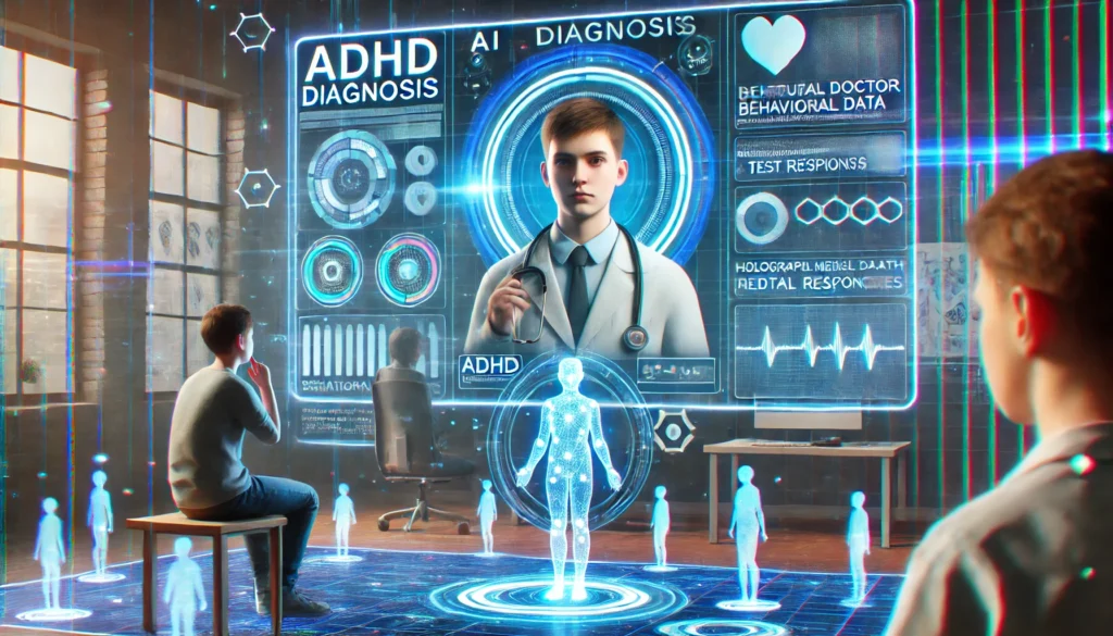 A futuristic AI-driven ADHD diagnosis process, where a virtual doctor on a screen analyzes behavioral data and test responses.