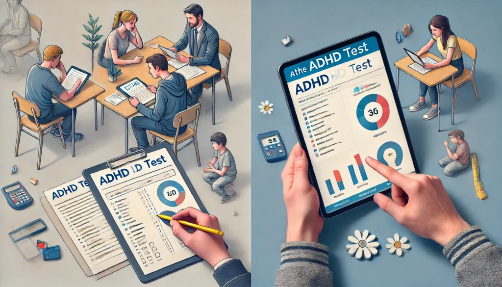 A side-by-side comparison of two individuals using the Wisely ADHD Test. One person is engaged in a traditional ADHD assessment with paper-based questionnaires, while the other is interacting with a modern digital ADHD evaluation tool on a tablet, illustrating the evolution of ADHD testing.