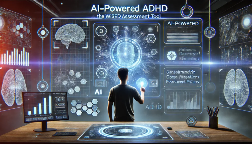 A futuristic concept of AI-powered ADHD testing with the Wisely ADHD Assessment Tool. The image showcases an individual interacting with an advanced digital interface that uses artificial intelligence, with holographic data projections and neural network graphics symbolizing a high-tech ADHD evaluation process.