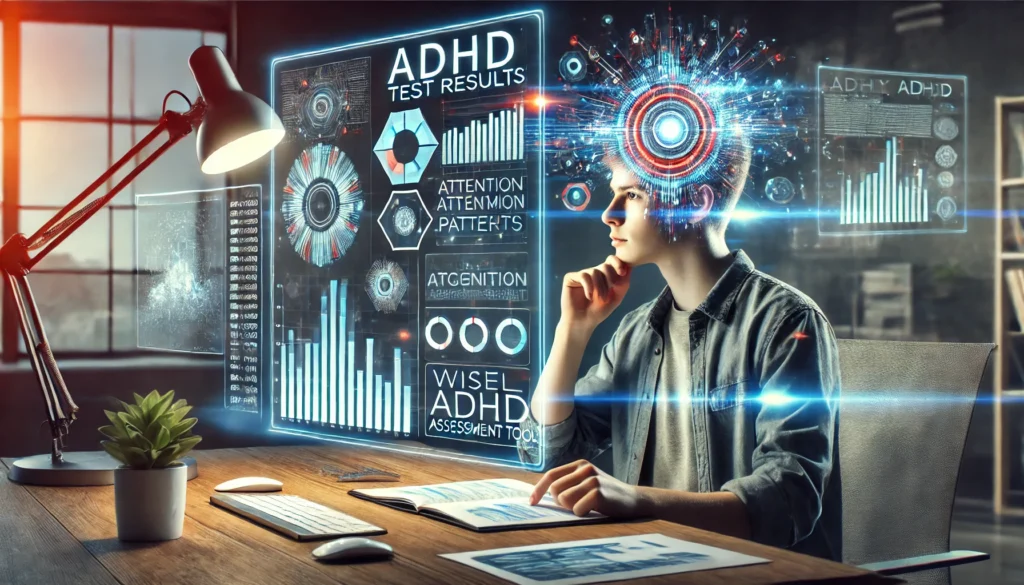 An artistic representation of a person analyzing their ADHD test results from the Wisely ADHD Assessment Tool. The person is thoughtfully reviewing a digital cognitive report, with futuristic data visualizations highlighting attention patterns and focus levels in a modern home workspace.