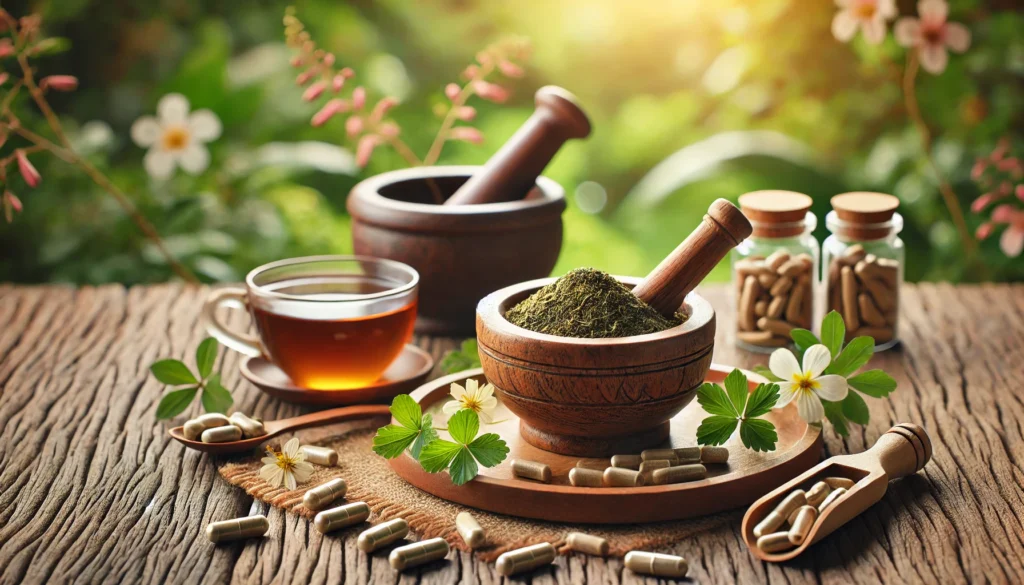 "A natural wellness scene displaying a wooden mortar and pestle with herbal ingredients, highlighting the benefits of natural ritalin supplements for cognitive enhancement."