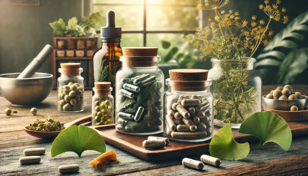 "An artistic depiction of a natural nootropic supplement with adaptogenic herbs and brain-boosting botanicals, offering an alternative to synthetic stimulants."