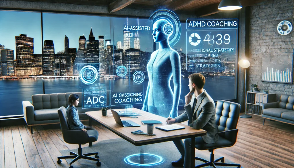 "A futuristic concept of AI-assisted ADHD coaching in NYC. An ADHD coach and client work alongside a holographic AI assistant in a high-tech office with digital screens tracking coaching progress."