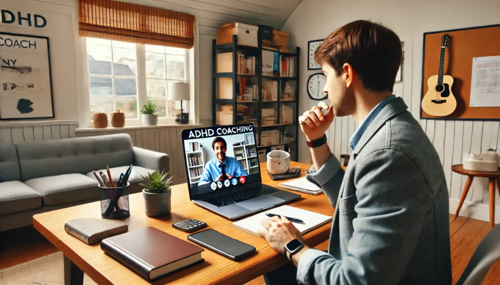 "An ADHD coach in NYC conducting a virtual coaching session via video call. The setting features a well-organized home office, emphasizing accessibility and flexibility in ADHD coaching."