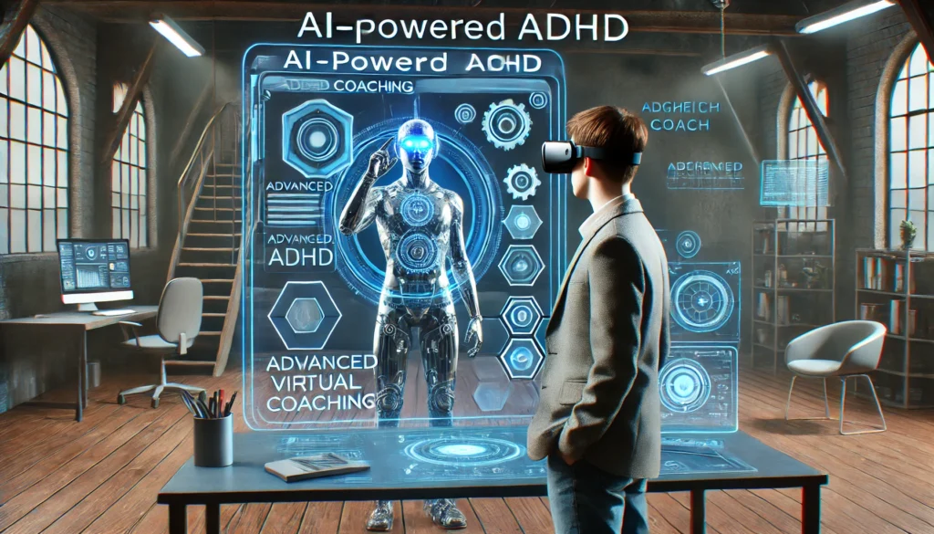 A futuristic concept of AI-powered ADHD coaching – A high-tech representation of how artificial intelligence and augmented reality can enhance ADHD coaching experiences.