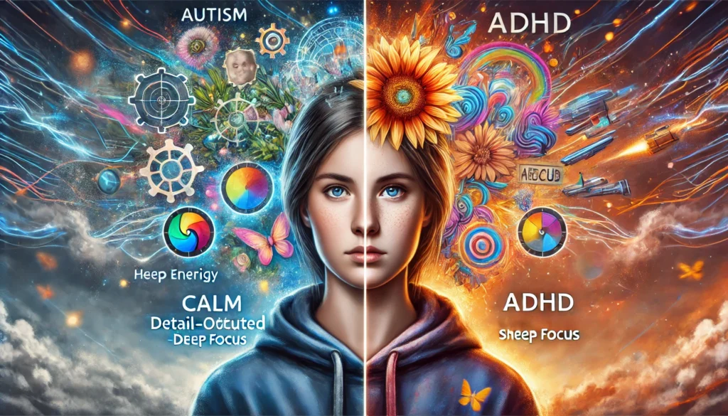 "A side-by-side artistic comparison of two young females, one representing autism and the other ADHD, illustrating their unique cognitive patterns. The autism side features a calm, detail-oriented environment with deep focus elements, while the ADHD side portrays high energy, multitasking, and scattered thoughts."