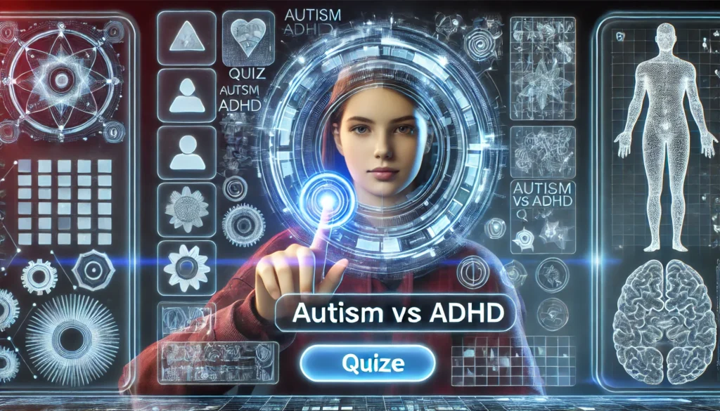 "A futuristic concept of an AI-powered autism vs ADHD quiz interface, featuring a diverse female user navigating interactive options on a holographic screen. The image conveys advanced technology, accessibility, and a user-friendly design tailored for neurodivergent assessments."