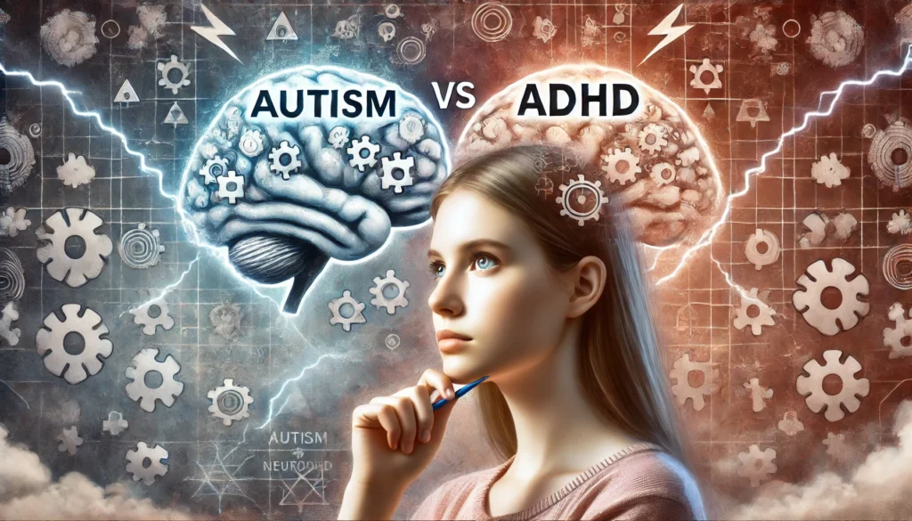 "An artistic depiction of a young female contemplating an online autism vs ADHD quiz. The background features a soft blend of brain-related symbols, including puzzle pieces and lightning bolts, representing the complexity of neurodivergence."