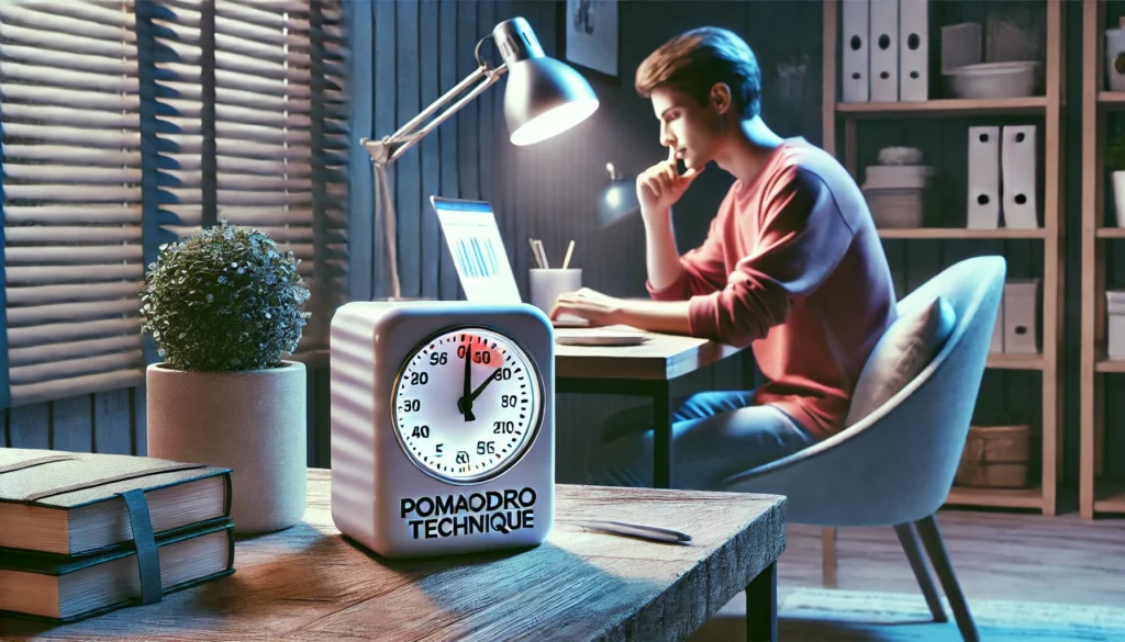 Pomodoro Technique for ADHD Productivity – A modern workspace with a timer, representing structured time management to improve focus.