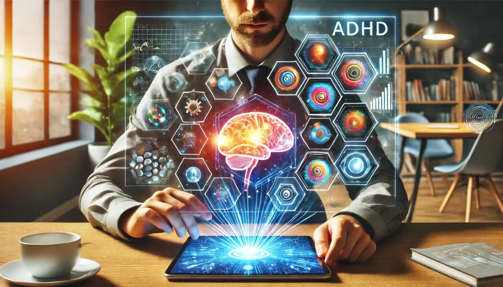 Cognitive Training Games for ADHD – A futuristic brain-training app on a tablet, illustrating the role of cognitive exercises in improving attention.