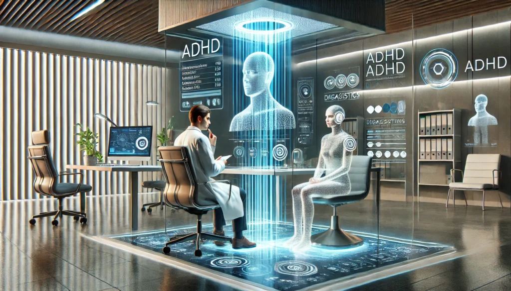 "A futuristic AI-assisted ADHD clinical interview for adults. The scene illustrates a high-tech consultation where an AI-driven holographic assistant analyzes patient responses and displays ADHD assessment results on a transparent screen, with a human clinician overseeing the process in a sleek, modern clinic."