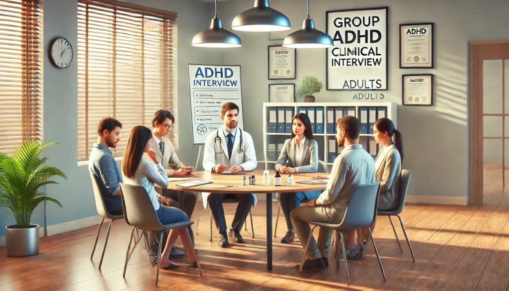 "A group ADHD clinical interview setting for adults. The scene captures a professional group consultation where multiple adults discuss their ADHD symptoms with a healthcare provider. A round table, medical certificates, and a whiteboard in the background create a supportive and collaborative atmosphere."