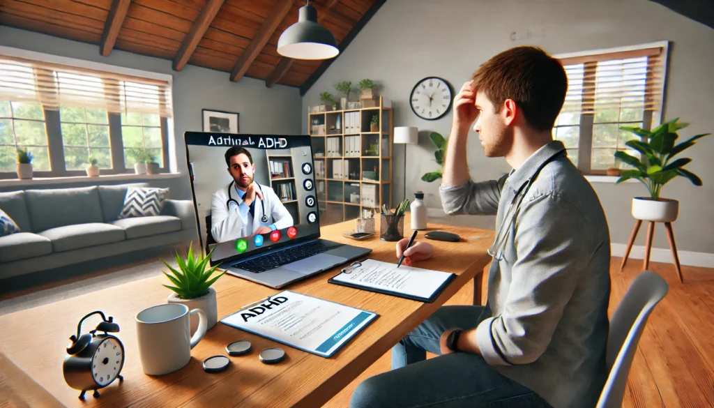 "A virtual ADHD clinical interview for an adult. The image features a telehealth consultation where a patient is seated at a desk, engaging in an online ADHD assessment with a doctor appearing on a laptop screen. The modern home-office setting emphasizes the accessibility of remote ADHD evaluations."