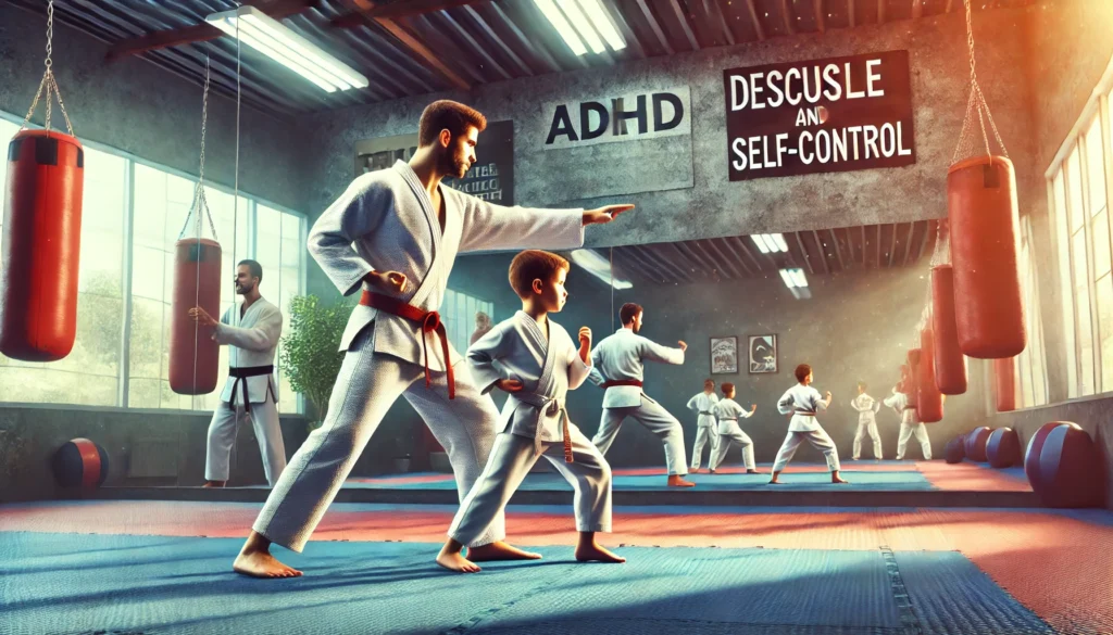 Martial Arts for ADHD Focus and Coordination – A child practicing martial arts in a structured dojo setting, learning discipline and self-control.