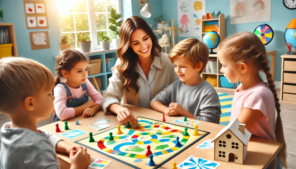 Cooperative Board Game for Social Skills – A group of children with a teacher playing a structured game, fostering teamwork and patience.