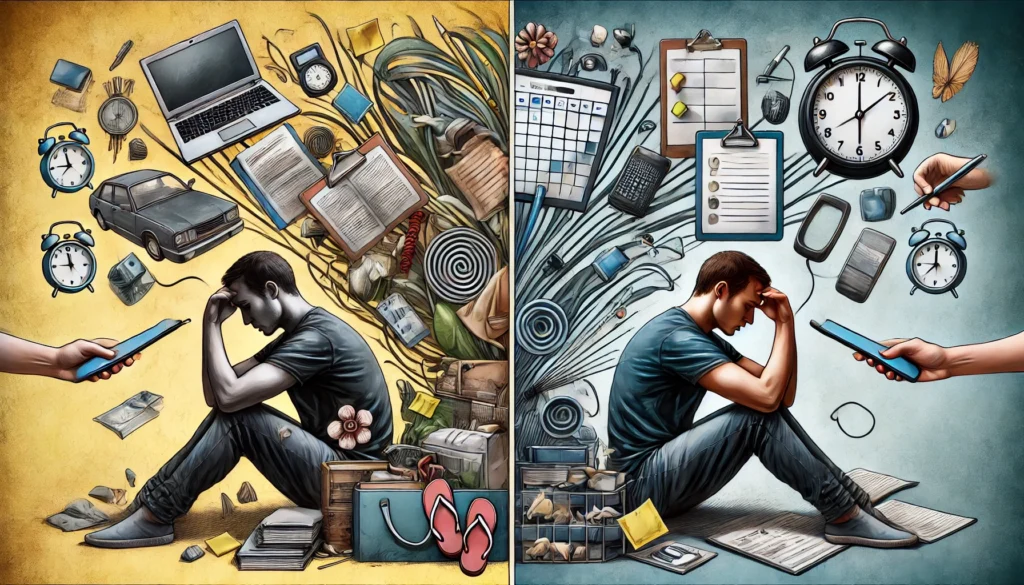 "A side-by-side artistic comparison of two individuals: one struggling with ADHD-related forgetfulness, surrounded by misplaced objects and unfinished tasks, while the other stays organized with digital reminders and planners."