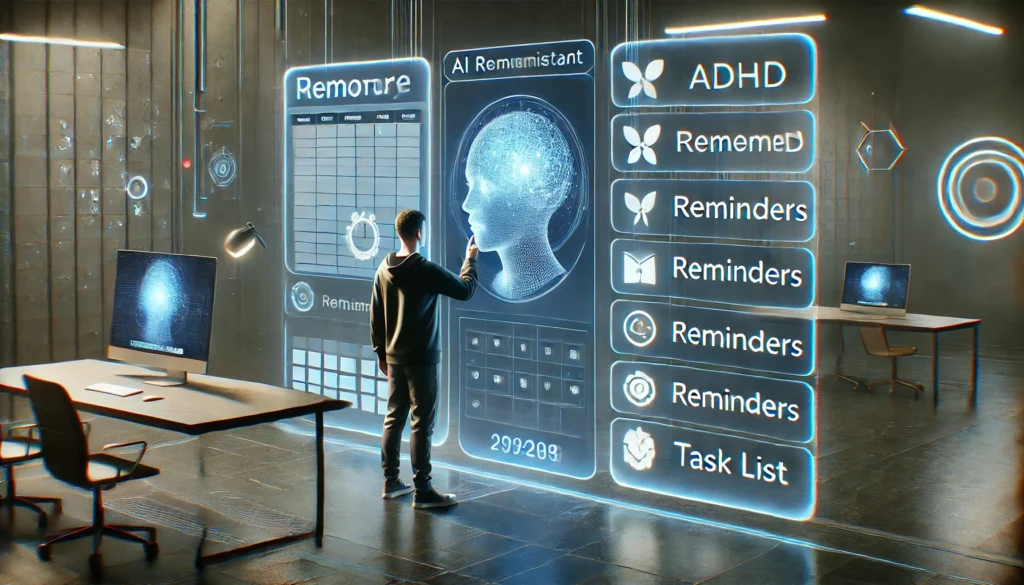 "A futuristic concept of an AI-powered memory assistant helping an individual with ADHD remember important tasks. A person interacts with a holographic digital assistant displaying reminders, schedules, and task lists."