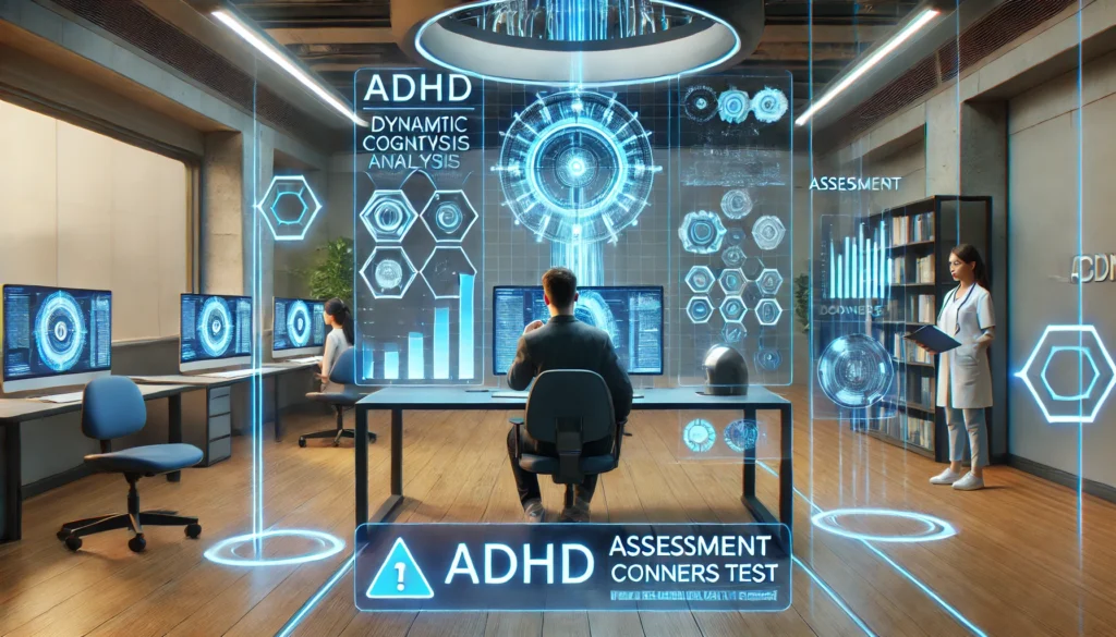 A futuristic AI-powered ADHD assessment – A high-tech clinic where an AI assistant provides real-time insights while an adult takes the Conners Test.