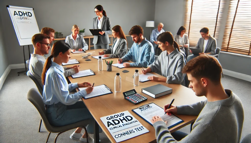 A group ADHD clinical evaluation – Multiple adults undergoing ADHD assessments in a professional, collaborative meeting space.