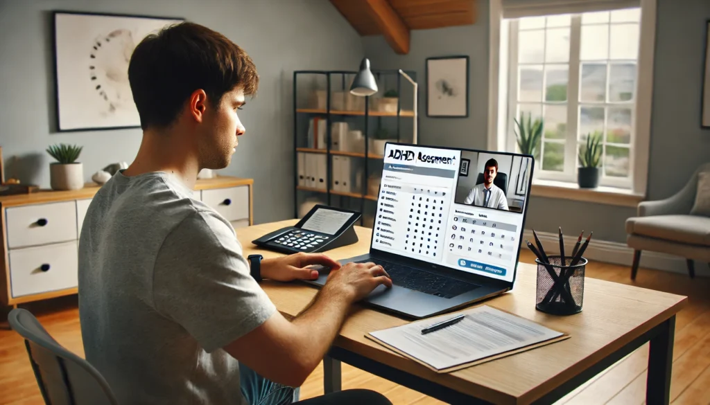 A virtual ADHD assessment scene – An adult taking the Conners Test on a laptop in a calm, home office setting.