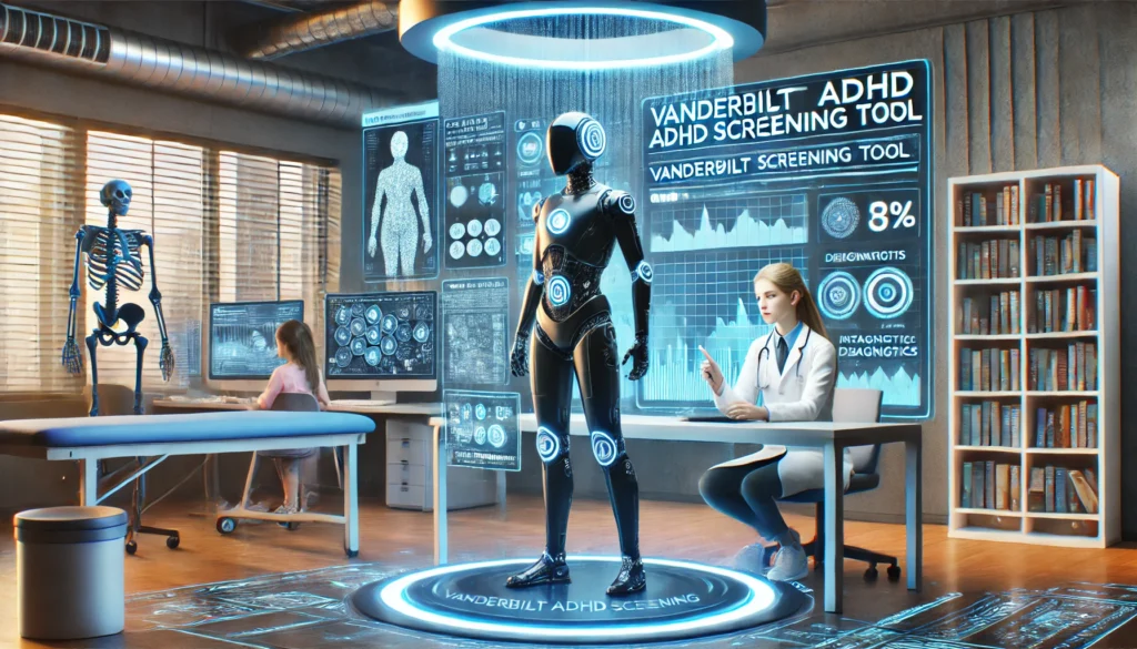 A futuristic AI-powered ADHD screening setting featuring an advanced digital assistant and interactive holographic displays.