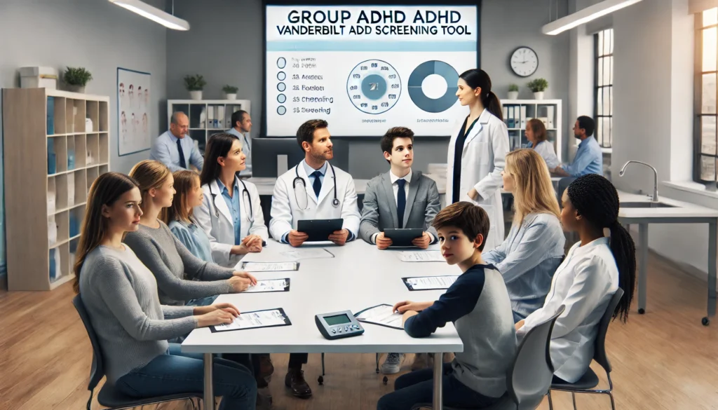 A group ADHD screening session where multiple patients are guided through the Vanderbilt assessment in a structured clinical setting.