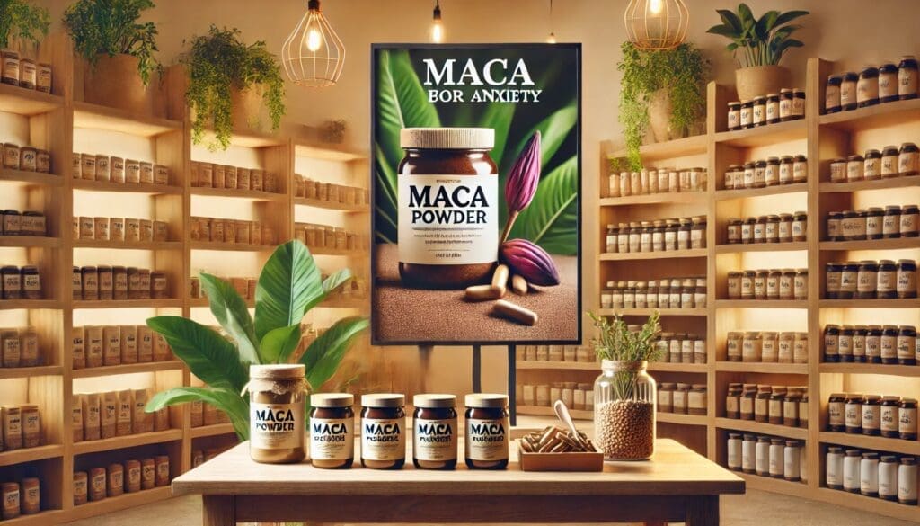 A natural health store display showcasing jars of maca powder, maca capsules, and promotional signage explaining maca's benefits for stress and anxiety, arranged on wooden shelves with plants and warm lighting, promoting maca as a natural remedy for mental well-being.