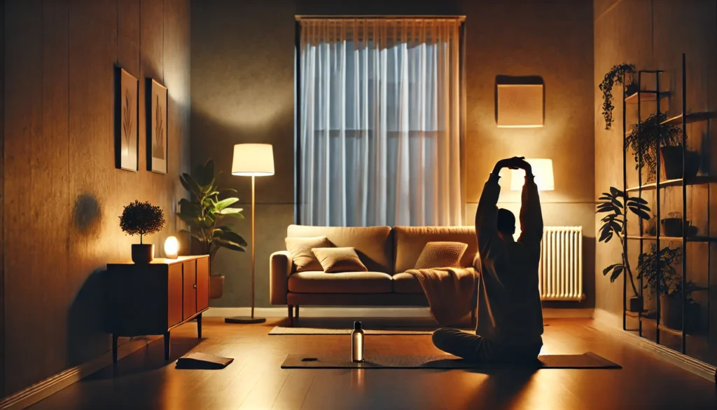 An evening scene featuring a person practicing deep breathing exercises on a yoga mat in a softly lit living room. The space has minimal decor, including a small potted plant and ambient lighting, creating a calm atmosphere to promote relaxation and reduce restless sleep movements.