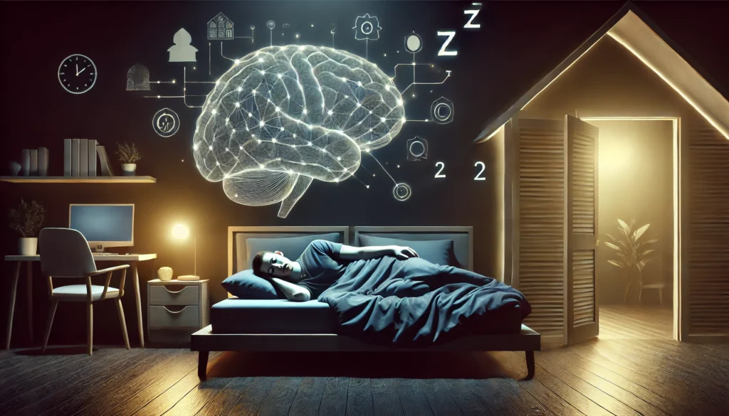 A person sleeping peacefully in a dark, quiet bedroom, illustrating the importance of deep rest for brain health. The cozy bed, soft lighting, and tranquil atmosphere highlight the benefits of proper sleep hygiene.