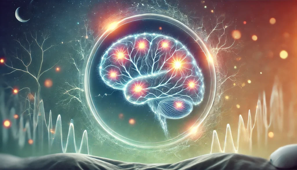 Conceptual representation of disrupted sleep cycles in insomnia, featuring glowing neural pathways symbolizing interruptions in REM and deep sleep. The background transitions softly between night and morning tones, emphasizing the struggle to maintain consistent sleep.